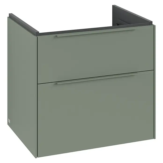 Villeroy & Boch Subway 3.0 Waschbeckenunterschrank - Soft Green, Anzahl Schubladen: 2 Stk., Farbe Griff: Monochrom, B x T x H: 62,2 x 47,8 x 57,6 cm, Mit Beleuchtung - Ein moderner, olivgrüner Waschtischunterschrank mit zwei Schubladen und minimalistischen Griffen für ein stilvolles Badezimmer.