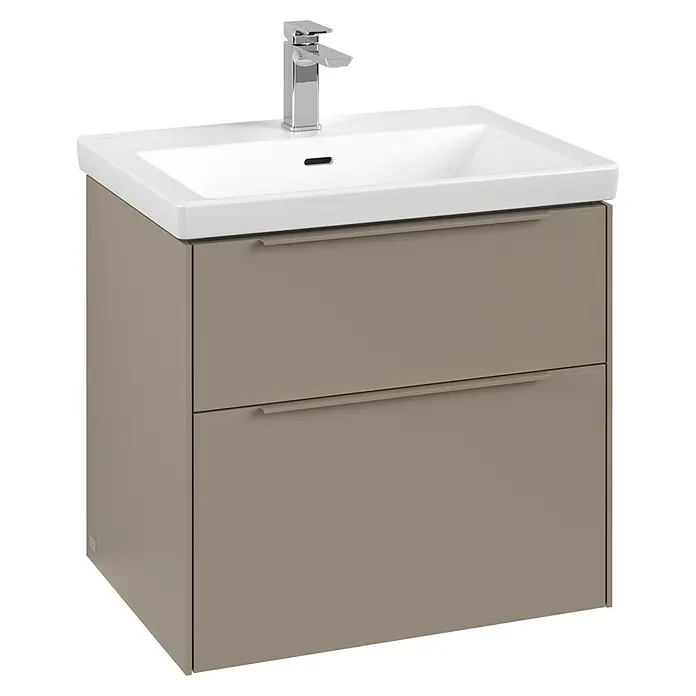 Villeroy & Boch Subway 3.0 Waschbeckenunterschrank - Taupe, Anzahl Schubladen: 2 Stk., Farbe Griff: Monochrom, B x T x H: 62,2 x 47,8 x 57,6 cm, Mit Beleuchtung - Ein moderner Waschtisch mit zwei Schubladen und einem Aufsatzwaschbecken mit Armatur, ideal für jedes Badezimmer.