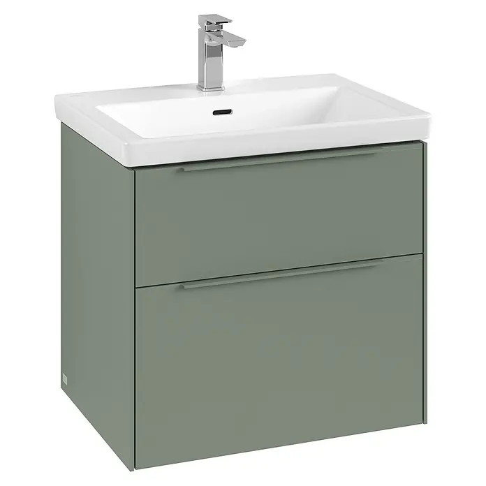 Villeroy & Boch Subway 3.0 Waschbeckenunterschrank - Soft Green, Anzahl Schubladen: 2 Stk., Farbe Griff: Monochrom, B x T x H: 62,2 x 47,8 x 57,6 cm, Mit Beleuchtung - Ein moderner Waschtischunterschrank in Grün mit zwei Schubladen und einem weißen Waschbecken mit Armatur.