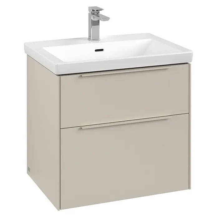 Villeroy & Boch Subway 3.0 Waschbeckenunterschrank - Cashmere Grey, Anzahl Schubladen: 2 Stk., Farbe Griff: Monochrom, B x T x H: 62,2 x 47,8 x 57,6 cm, Mit Beleuchtung - Ein moderner Waschtischunterschrank in Beige mit einem weißen Waschbecken und einer Armatur. Das Badmöbelstück bietet stilvollen Stauraum.