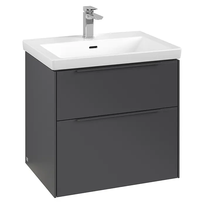 Villeroy & Boch Subway 3.0 Waschbeckenunterschrank - Graphite, Anzahl Schubladen: 2 Stk., Farbe Griff: Monochrom, B x T x H: 62,2 x 47,8 x 57,6 cm, Mit Beleuchtung - Dieser Waschtischunterschrank in Anthrazit mit zwei Schubladen und einem weißen Waschbecken bietet stilvollen Stauraum fürs Badezimmer.