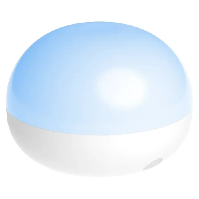 New Garden LED-Poolbeleuchtung Coco Floating Blulb - Durchmesser: 11 cm, Weiß, LED - Nahaufnahme einer runden, blau beleuchteten Nachttischlampe mit einem weißen Sockel vor einem neutralen Hintergrund.