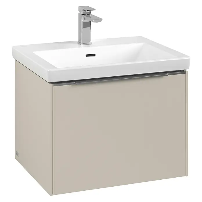 Villeroy & Boch Subway 3.0 Waschbeckenunterschrank - Cashmere Grey, Anzahl Schubladen: 1 Stk., Farbe Griff: Aluminium glänzend, B x T x H: 57,2 x 47,8 x 42,9 cm - Abbildung eines modernen Waschtisches mit einem Waschbecken aus Keramik und einem Unterschrank in Beige.