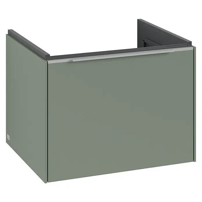 Villeroy & Boch Subway 3.0 Waschbeckenunterschrank - Soft Green, Anzahl Schubladen: 1 Stk., Farbe Griff: Aluminium glänzend, B x T x H: 57,2 x 47,8 x 42,9 cm - Aufnahme eines grünen Waschtischunterschranks mit einer Schublade und schwarzer Oberseite für Badezimmer.