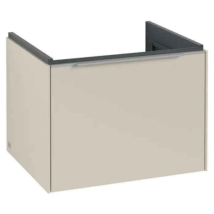 Villeroy & Boch Subway 3.0 Waschbeckenunterschrank - Cashmere Grey, Anzahl Schubladen: 1 Stk., Farbe Griff: Aluminium glänzend, B x T x H: 57,2 x 47,8 x 42,9 cm - Einbauschrank in Beige mit dunklem Rand oben und einem silbernen Griff. Das Möbelstück wirkt modern und minimalistisch.