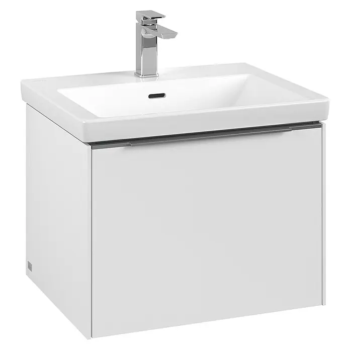 Villeroy & Boch Subway 3.0 Waschbeckenunterschrank - Pure White, Anzahl Schubladen: 1 Stk., Farbe Griff: Aluminium glänzend, B x T x H: 57,2 x 47,8 x 42,9 cm - Ein weißer Waschtischunterschrank mit einem modernen Waschbecken und einer glänzenden Armatur.