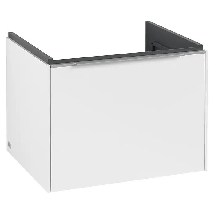 Villeroy & Boch Subway 3.0 Waschbeckenunterschrank - Pure White, Anzahl Schubladen: 1 Stk., Farbe Griff: Aluminium glänzend, B x T x H: 57,2 x 47,8 x 42,9 cm - Aufnahme eines weißen Waschtischunterschranks mit grauer Ablagefläche.