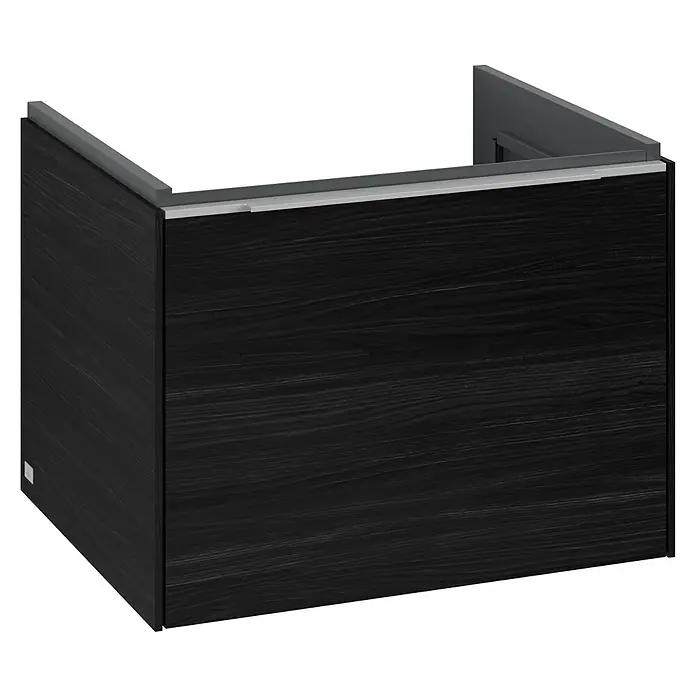 Villeroy & Boch Subway 3.0 Waschbeckenunterschrank - Black Oak, Anzahl Schubladen: 1 Stk., Farbe Griff: Aluminium glänzend, B x T x H: 57,2 x 47,8 x 42,9 cm - Schwarzer Waschtischunterschrank mit dunkler Holzstruktur und grauen Akzenten für ein modernes Badezimmerdesign. Stilvoller Unterschrank.