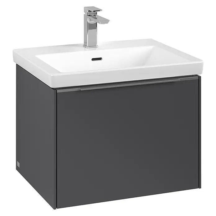 Villeroy & Boch Subway 3.0 Waschbeckenunterschrank - Graphite, Anzahl Schubladen: 1 Stk., Farbe Griff: Aluminium glänzend, B x T x H: 57,2 x 47,8 x 42,9 cm - Ein moderner Waschtisch mit grauen Unterschrank und einem Becken aus weißer Keramik, inklusive einer eleganten Armatur.