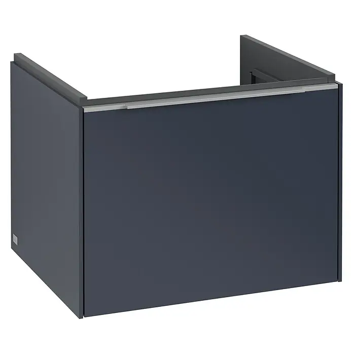 Villeroy & Boch Subway 3.0 Waschbeckenunterschrank - Marine Blue, Anzahl Schubladen: 1 Stk., Farbe Griff: Aluminium glänzend, B x T x H: 57,2 x 47,8 x 42,9 cm - Ein moderner, dunkelgrauer Waschtischunterschrank mit einem eleganten, silbernen Griff, perfekt für stilvolle Badezimmer.
