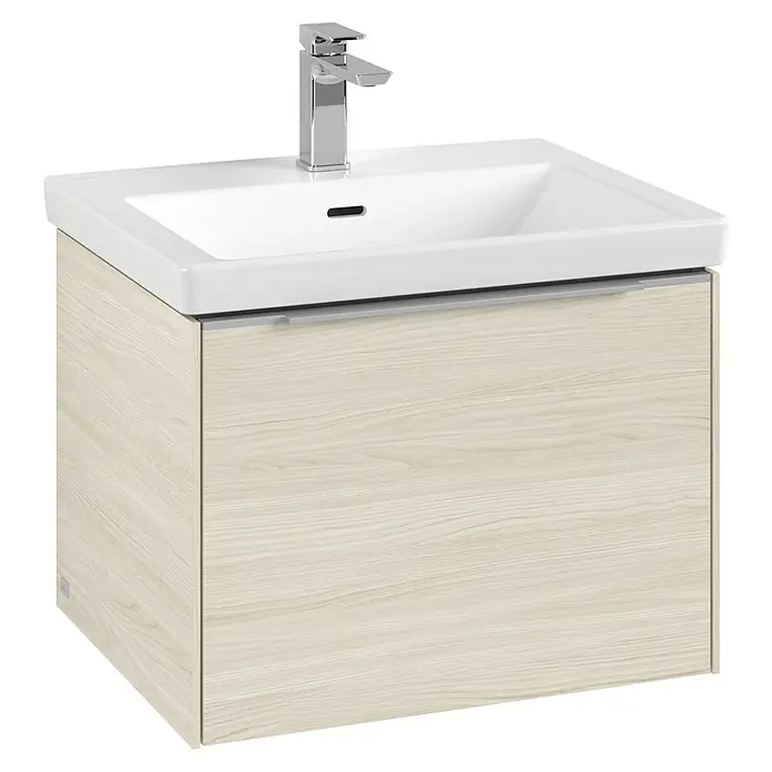 Villeroy & Boch Subway 3.0 Waschbeckenunterschrank - White Oak, Anzahl Schubladen: 1 Stk., Farbe Griff: Aluminium glänzend, B x T x H: 57,2 x 47,8 x 42,9 cm - Waschbeckenunterschrank mit Armatur für das Badezimmer. Der Unterschrank hat eine Holzoptik.