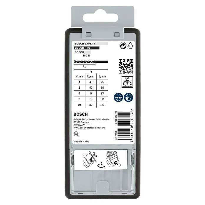 Bosch Bohrer-Set - Holz, 5 -tlg. - Nahaufnahme der Verpackung von Bosch Expert Bohrer-Set, das die Größen, Materialinformationen und Gebrauchsrichtlinien anzeigt.