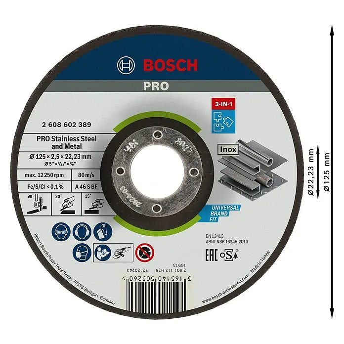 Bosch Professional Trennscheibe A 46 S BF - Durchmesser Scheibe: 125 mm, Stärke Scheibe: 2,5 mm - Bosch PRO Trennscheibe, 125mm Durchmesser, 2,5mm dick, für Edelstahl und Metall (Inox), mit Metallmitte. Max. 12250 U/min.