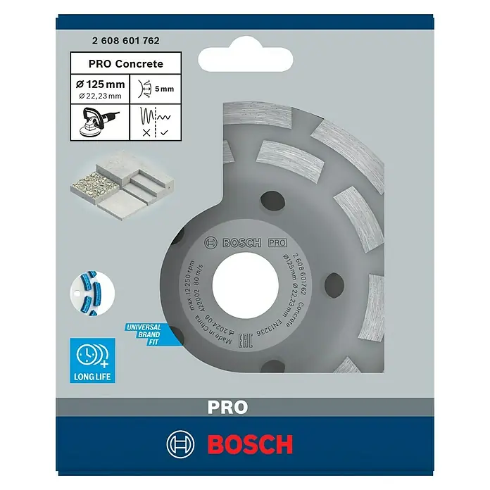 Bosch Expert Diamant-Topfscheibe for Concrete - Durchmesser Scheibe: 125 mm, Höhe Segment: 5 mm, Bohrung: 22,23 mm - Das Bild zeigt eine blaue Verpackung einer Bosch Pro Betonschleifscheibe mit einem Durchmesser von 125 mm.