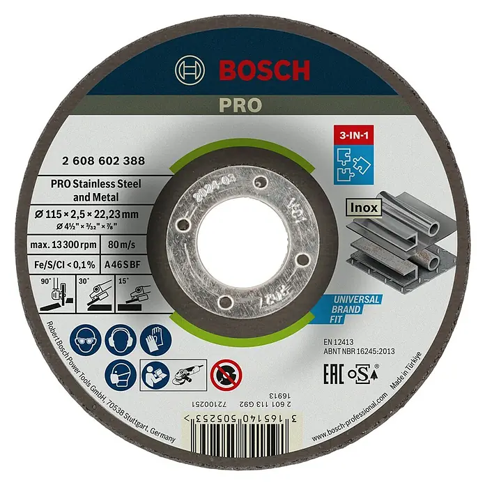Bosch Professional Trennscheibe A 46 S BF - Durchmesser Scheibe: 115 mm, Stärke Scheibe: 2,5 mm - Bild einer Bosch Pro Trennscheibe für Edelstahl und Metall, mit technischen Daten wie Durchmesser und maximaler Drehzahl.