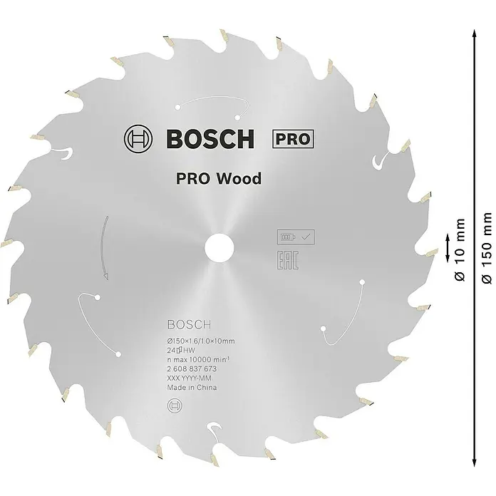 Bosch Kreissägeblatt Standard for Wood - 150 mm, Bohrung: 10 mm, Anzahl Zähne: 24 Stk. - Bosch PRO Wood Kreissägeblatt, silber, 150mm Durchmesser, 24 Hartmetallzähne, 10mm Bohrung.