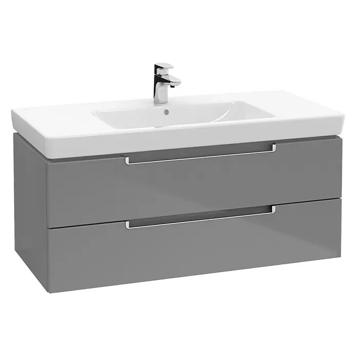Villeroy & Boch Subway 2.0 Einbauwaschbecken - 100 x 47 cm, Mit schmutzabweisender Glasur, Mit Überlauf, Oberfläche Beckenunterseite: Ungeschliffen, Weiß - Grauer Waschtischunterschrank mit weißen Waschbecken und zwei Schubladen. Elegantes Design für moderne Badezimmer.