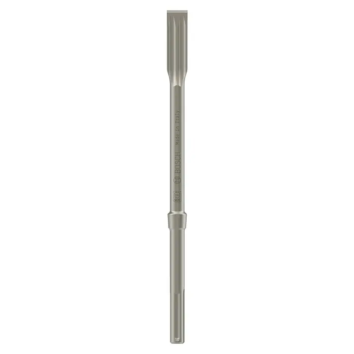 Bosch Flachmeißel R-Tec Sharp - Länge: 400 mm, SDS Max - Aufnahme eines Bosch SDS Plus Bohrers, der aus Metall gefertigt wurde, mit Details wie der Gravur „Made in Italy“ und dem SDS Logo.