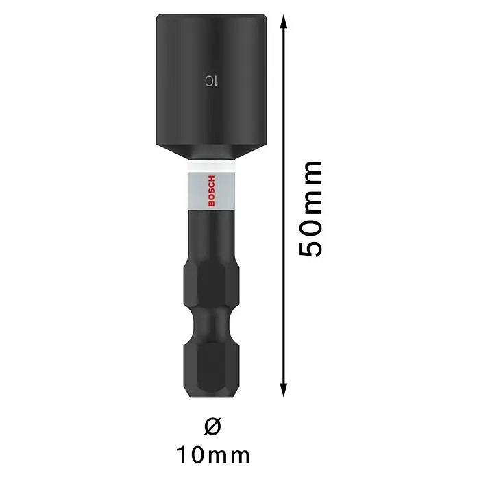 Bosch Inserto para llaves de vaso Impact Control - Ancho de llave: 10 mm, Tamaño de accionamiento: ¼'' hexágono exterior - Vaso magnético Bosch 10mm gris oscuro, 50mm de largo, con vástago hexagonal.