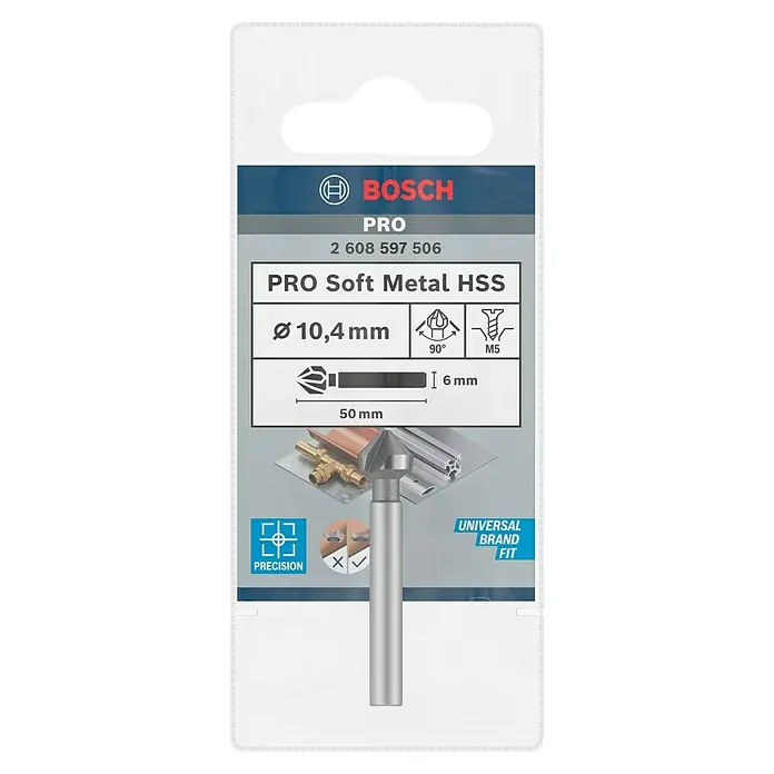 Bosch Kegelsenker - Durchmesser Bohrer: 10,4 mm, Rundschaft - Verpackung eines Bosch PRO Soft Metal HSS-Senkers mit Durchmesser 10,4 mm, geeignet für präzise und saubere Bohrarbeiten in weichen Metallen.