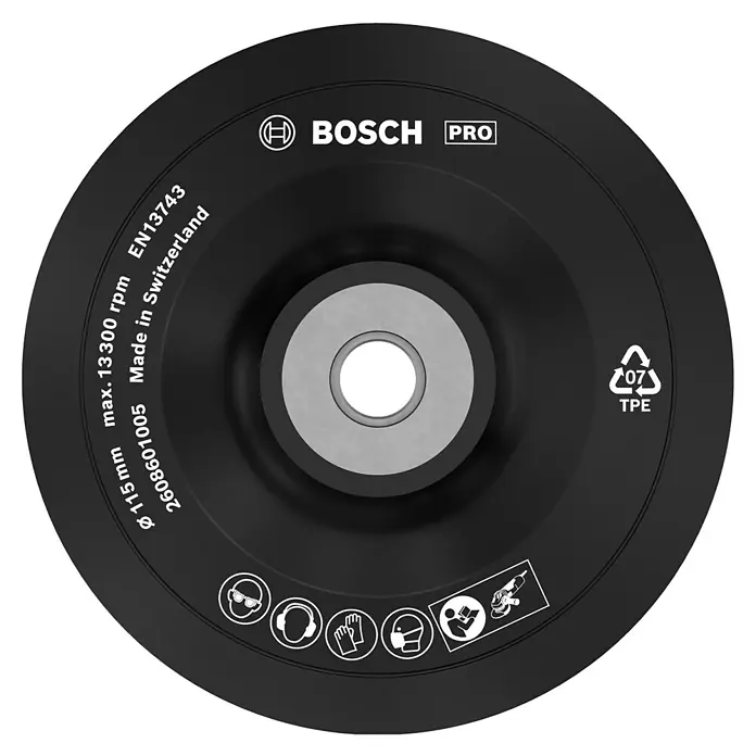 Bosch Professional Gummi-Stützteller M14 - Durchmesser: 115 mm, M14 Gewinde - Abbildung einer schwarzen Bosch Pro Schleifscheibe mit Sicherheitshinweisen und technischen Daten für professionelle Anwendungen.
