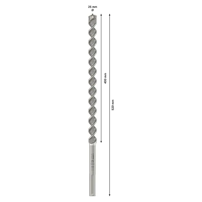 Bosch Beton- & Steinbohrer MAX-4 - 1 Stk., Durchmesser Bohrer: 25 mm - Silberner Bosch SDS max-4 Hammerbohrer, 25mm Ø, 400mm Arbeitslänge, 520mm Gesamtlänge.