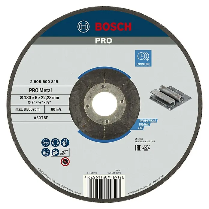 Bosch Schruppscheibe Expert for Metal A 30 T BF - Durchmesser: 180 mm, Stärke Scheibe: 6 mm, 1 Stk. - Bosch PRO Metal Trennscheibe, 180 mm Durchmesser, geeignet für Metallarbeiten. Hohe Lebensdauer und universelle Passform für verschiedene Marken.