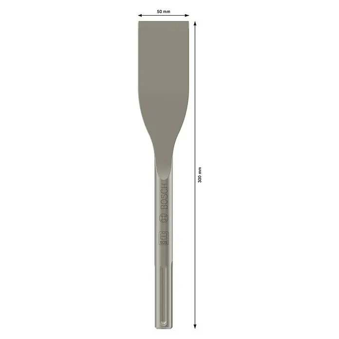 Bosch Fliesenmeißel Long Life - Länge: 300 mm, SDS Max - Bild einer Bosch Flachmeißel mit SDS-Plus Aufnahme und den Maßen 50 x 300 mm. Ideal für leichte bis mittelschwere Abbrucharbeiten in Mauerwerk und Beton.