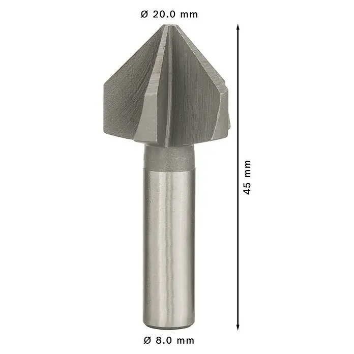 Bosch Kegelsenker - Durchmesser Bohrer: 20 mm, Rundschaft - Grauer Metall-V-Nutfräser, 20 mm Schneiddurchmesser, 8 mm Schaft, 45 mm Gesamtlänge.