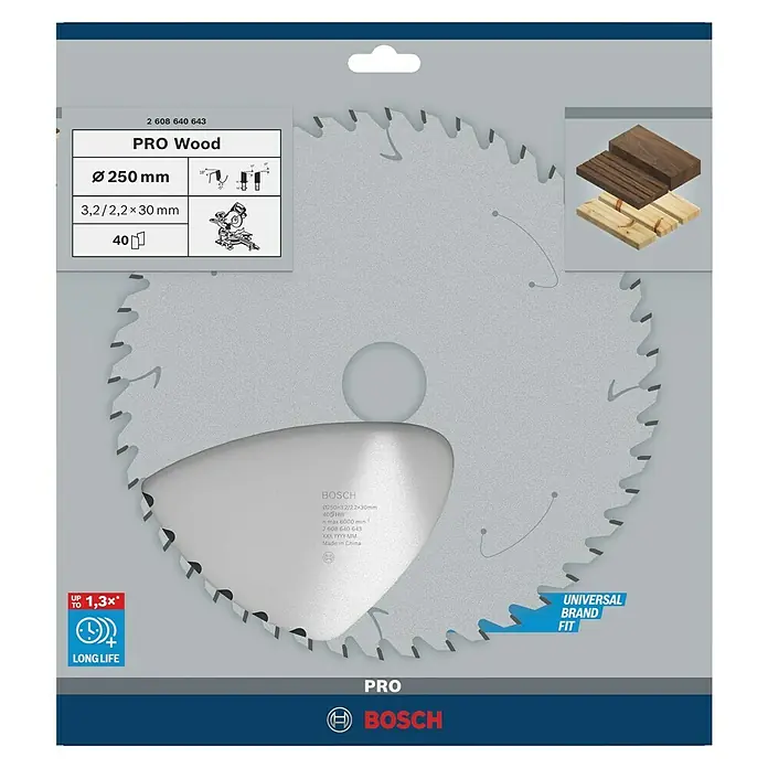 Bosch Kreissägeblatt Pro Wood - 250 mm, Bohrung: 30 mm, Anzahl Zähne: 40 Stk. - Bosch Kreissägeblatt PRO Wood mit 250 mm Durchmesser, ideal für präzise Holzschnitte. Langlebig und zuverlässig.