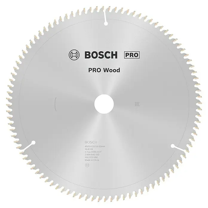Bosch Kreissägeblatt Pro Wood - 305 mm, Bohrung: 30 mm, Anzahl Zähne: 96 Stk. - Nahaufnahme eines Bosch Pro Wood Kreissägeblatts, ideal für präzise Holzschnitte.