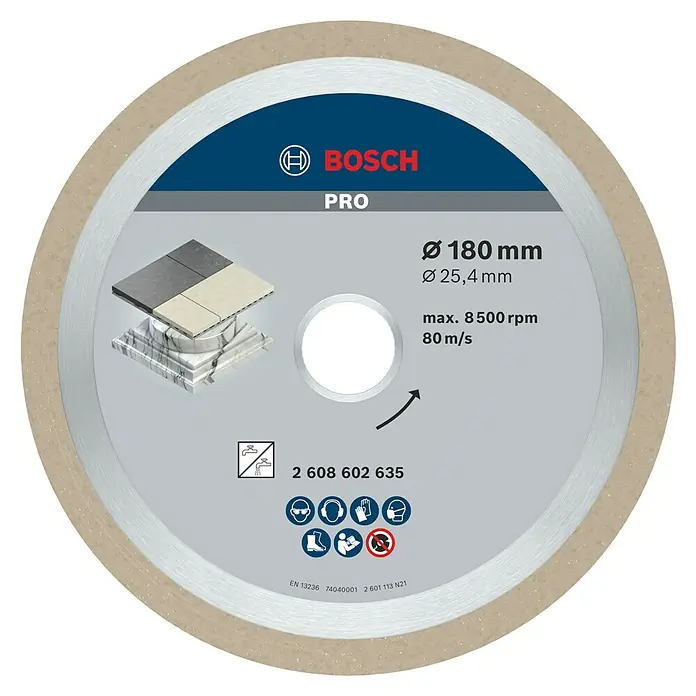 Bosch Diamant-Trennscheibe Best for Ceramic - Geeignet für: Fliesen, Durchmesser: 180 mm, Bohrung: 25,4 mm, 1 Stk. - Abbildung einer Bosch Pro Diamanttrennscheibe mit einem Durchmesser von 180 mm, geeignet für professionelle Anwendungen.