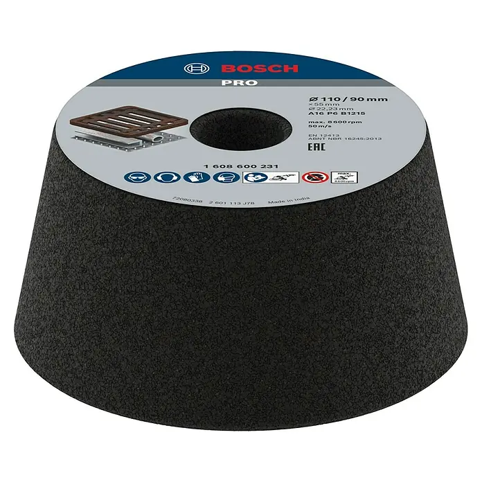 Bosch Schleiftopf - Geeignet für: Metall, Durchmesser: 110 mm, Körnung: 16, 1 Stk. - Das Bild zeigt eine Bosch Pro Trennscheibe, ideal zum Trennen von Metall. Durchmesser 110/90 mm, für präzise und effiziente Schnitte.