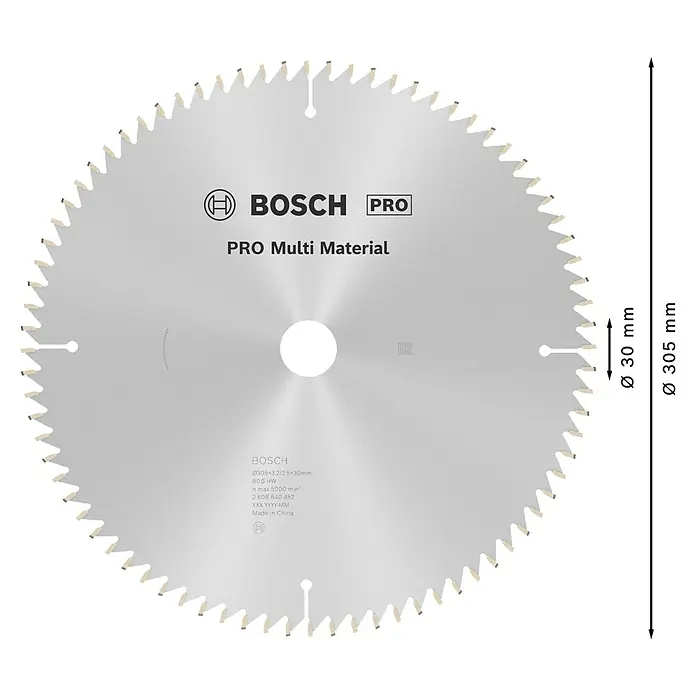 Bosch Kreissägeblatt Multimaterial - 305 mm, Bohrung: 30 mm, Anzahl Zähne: 80 Stk. - Bosch PRO Multi Material Kreissägeblatt, silber, 305mm Durchmesser, mit 80 Zähnen.