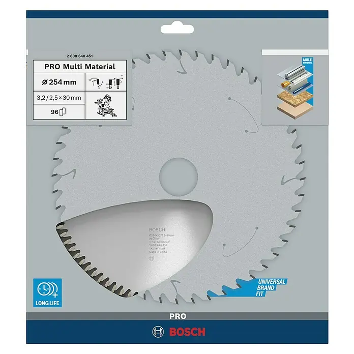 Bosch Kreissägeblatt Multimaterial - 254 mm, Bohrung: 30 mm, Anzahl Zähne: 96 Stk. - Abbildung eines Bosch Kreissägeblatts Pro Multi Material mit 254 mm Durchmesser und 96 Zähnen für vielfältige Materialien.