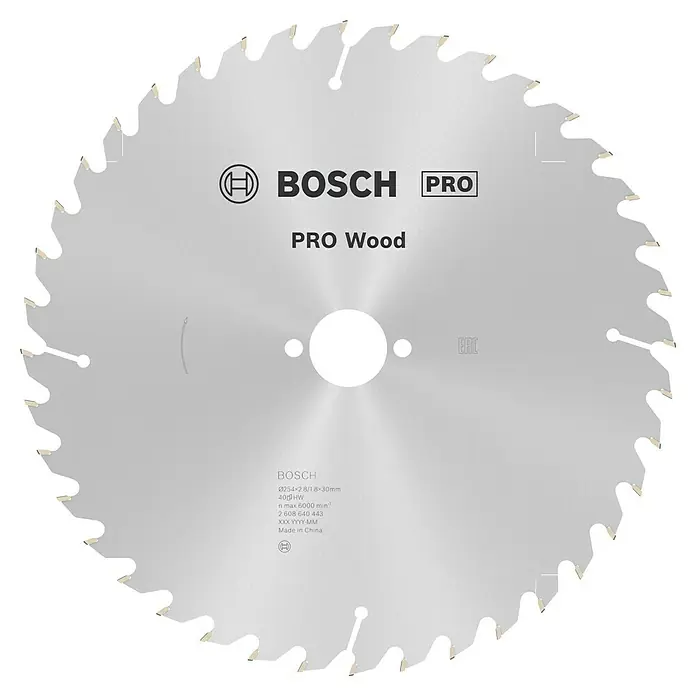 Bosch Kreissägeblatt Pro Wood - 254 mm, Bohrung: 30 mm, Anzahl Zähne: 40 Stk. - Nahaufnahme eines Bosch Pro Wood Sägeblatts mit scharfen Zähnen, ideal für präzise Holzschnitte.
