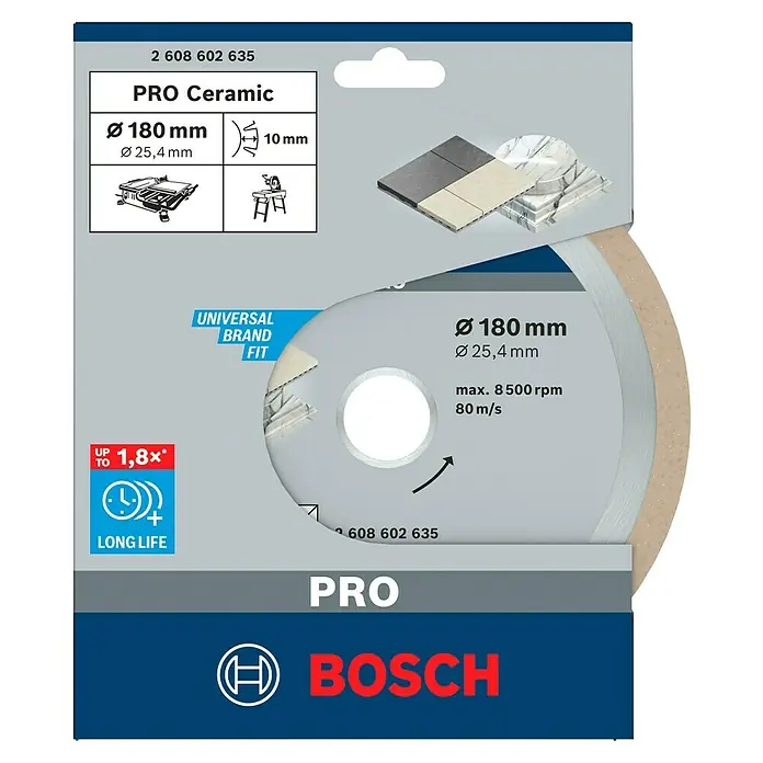 Bosch Diamant-Trennscheibe Best for Ceramic - Geeignet für: Fliesen, Durchmesser: 180 mm, Bohrung: 25,4 mm, 1 Stk. - Abbildung einer Bosch Pro Ceramic Trennscheibe mit den Maßen Ø180 mm und Ø25,4 mm, die sich ideal zum Schneiden von Keramik eignet.