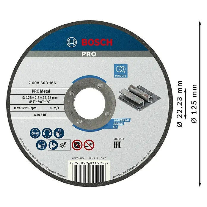 Bosch Trennscheibe A 30 S BF - Stärke Scheibe: 2,5 mm, Geeignet für: Stahl, Gerade - Bosch PRO Trennscheibe für Metall, 125 x 2,5 x 22,23 mm, ideal für schnelle und präzise Schnitte in verschiedenen Metallarten.
