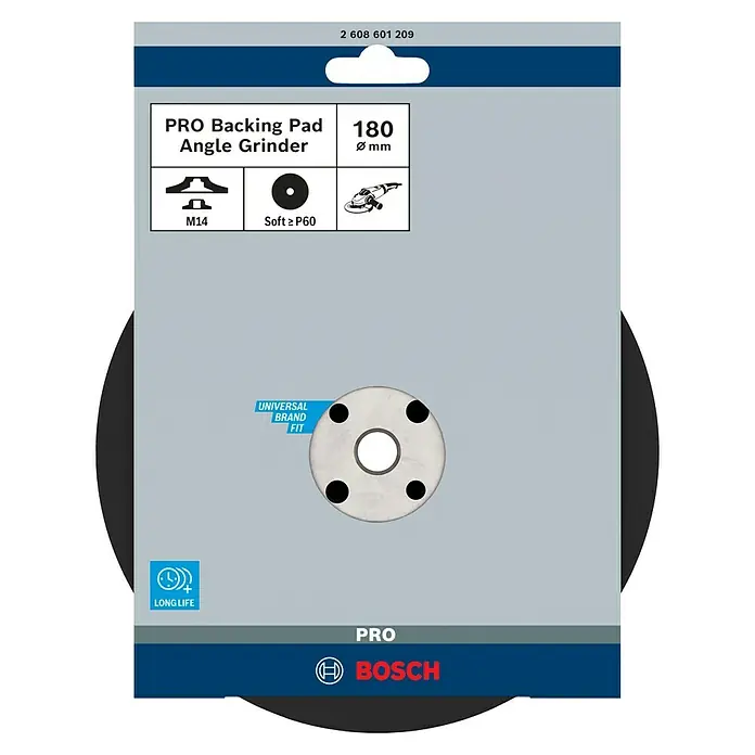 Bosch Professional Gummi-Stützteller M14 - Durchmesser: 180 mm, M14 Gewinde - Das Bild zeigt eine PRO Schleifteller für Winkelschleifer von Bosch, 180 mm Durchmesser, M14, weich ≥ P60, für universellen Markensitz und lange Lebensdauer.