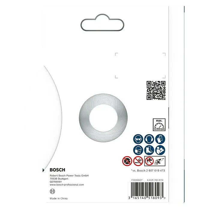 Bosch Diamant-Trennscheibe Best for Ceramic Extra Clean Turbo - Durchmesser: 125 mm, Bohrung: 22,23 mm, Geeignet für: Porzellan, 1 Stk. - Produktverpackung von Bosch mit Sicherheitsvorkehrungen und maximaler Drehzahl.