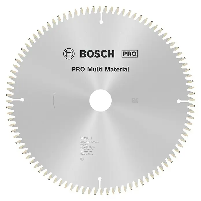 Bosch Kreissägeblatt Multimaterial - 254 mm, Bohrung: 30 mm, Anzahl Zähne: 96 Stk. - Das Bild zeigt ein Bosch Pro Multi Material Sägeblatt, ideal für vielfältige Anwendungen. Das Sägeblatt zeichnet sich durch seine robuste Bauweise aus.