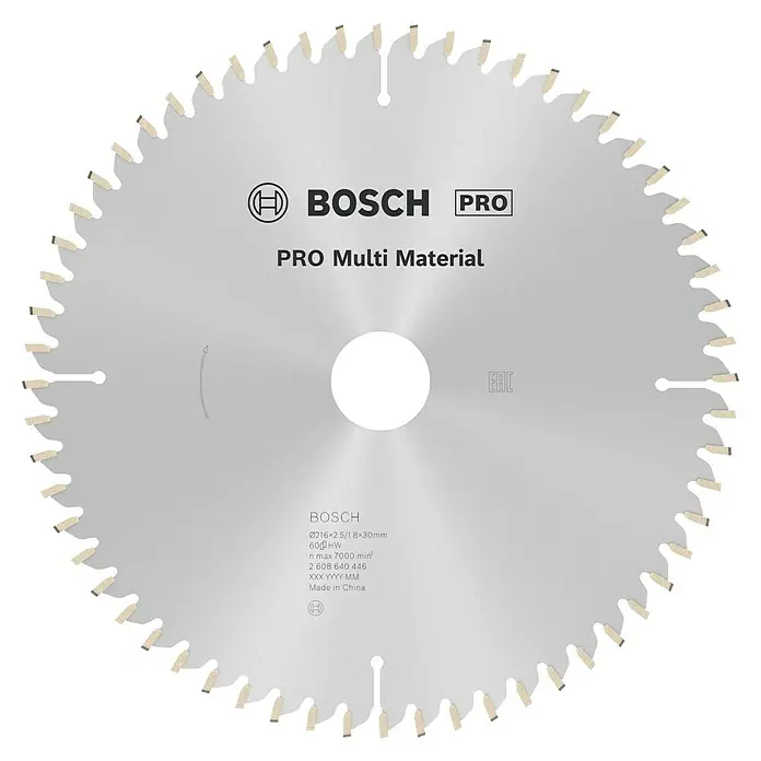 Bosch Kreissägeblatt Multi Material - 216 mm, Bohrung: 30 mm, Anzahl Zähne: 60 Stk. - Nahaufnahme eines Bosch Pro Multi Material Sägeblatts, das für professionelle Anwendungen entwickelt wurde.