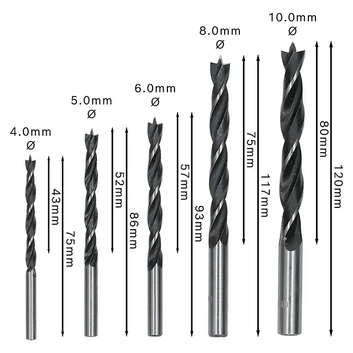 Bosch Bohrer-Set - Holz, 5 -tlg. - Satz dunkler Holzbohrer mit Zentrierspitze in verschiedenen Durchmessern (4,0mm-10,0mm) und Längen.