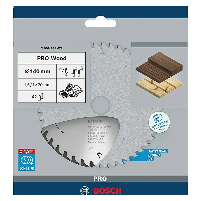 Bosch Kreissägeblatt Standard for Wood - 140 mm, Bohrung: 20 mm, Anzahl Zähne: 42 Stk. - Abbildung einer Bosch Pro Wood Kreissägeblattverpackung, ideal für saubere Holzschnitte mit optimierter Akku-Leistung.