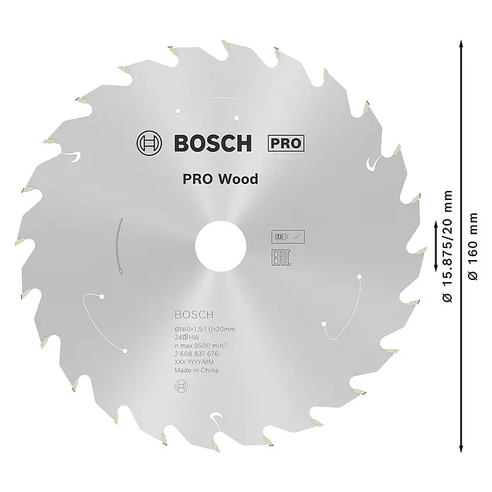 Bosch Kreissägeblatt Standard for Wood - 160 mm, Bohrung: 20 mm, Anzahl Zähne: 24 Stk. - Silbernes Bosch PRO Kreissägeblatt mit Hartmetallzähnen, zum Holzsägen.