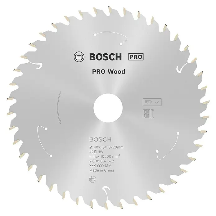 Bosch Kreissägeblatt Standard for Wood - 140 mm, Bohrung: 20 mm, Anzahl Zähne: 42 Stk. - Nahaufnahme eines Bosch Pro Wood Kreissägeblatts, ideal für Holzarbeiten, mit präzisen Schnittdetails und hoher Leistung.