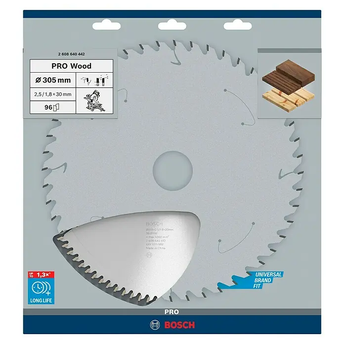 Bosch Kreissägeblatt Pro Wood - 305 mm, Bohrung: 30 mm, Anzahl Zähne: 96 Stk. - Abbildung eines Bosch PRO Wood Kreissägeblatts mit 305 mm Durchmesser, ideal für präzise Holzschnitte und lange Lebensdauer.