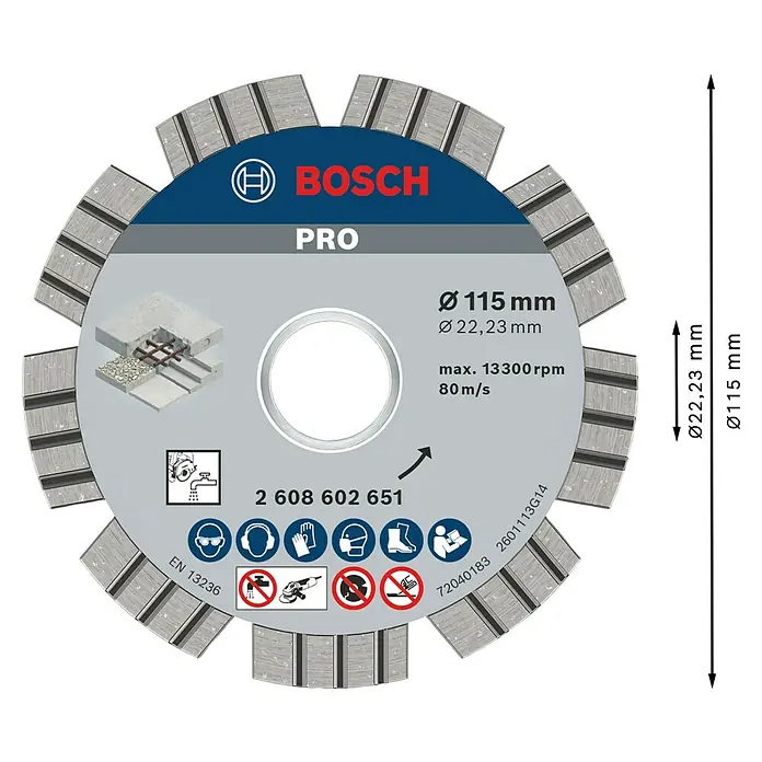 Bosch Professional Diamant-Trennscheibe - Durchmesser Scheibe: 115 mm - Bosch Pro segmentierte Diamanttrennscheibe, 115 mm Durchmesser, für Beton, mit Spezifikationen und Sicherheitssymbolen.