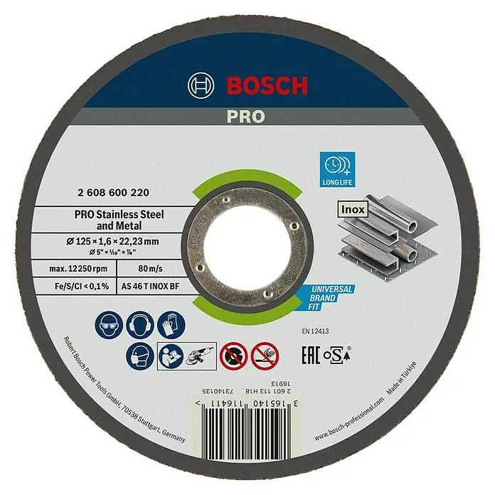 Bosch Professional Trennscheibe Expert for Inox - Durchmesser Scheibe: 125 mm, Geeignet für: Edelstahl - Bosch Trennscheibe Pro für Edelstahl und Metall, Ø125x1,6x22,23 mm, max. 12250 U/min, für langlebige und universelle Anwendungen.