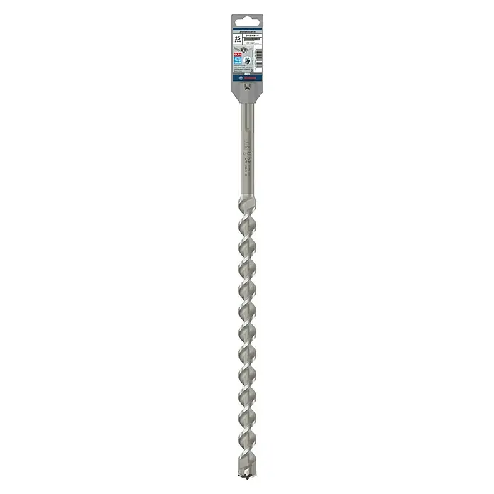 Bosch Beton- & Steinbohrer MAX-4 - 1 Stk., Durchmesser Bohrer: 25 mm - Nahaufnahme eines Bosch PRO SDS max-4 Bohrers, 25 x 400 x 520 mm, ideal für schwere Bohrarbeiten in Beton und Mauerwerk.